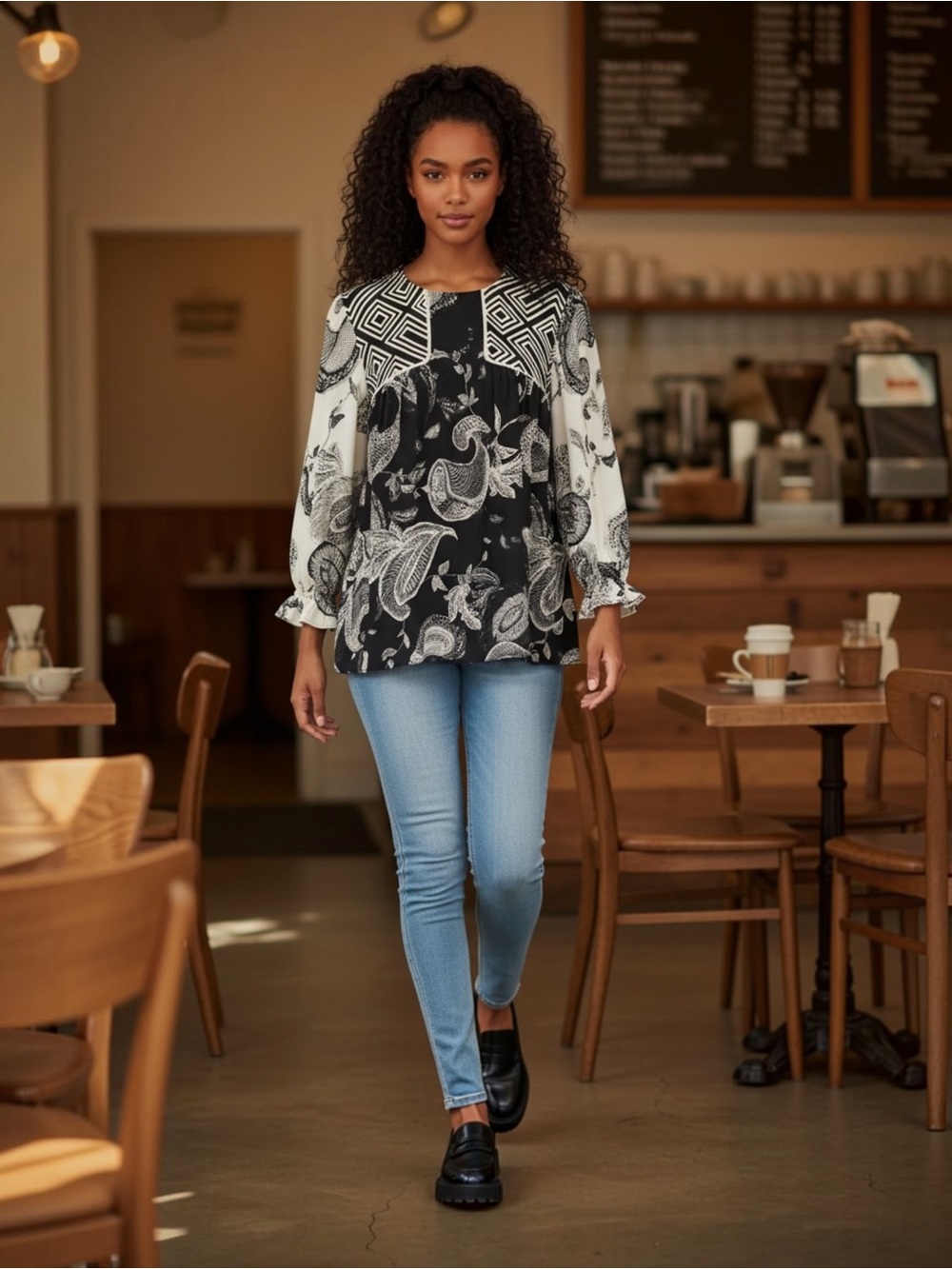 Rose & Olive Black and White Mixed-Print Peasant Blouse